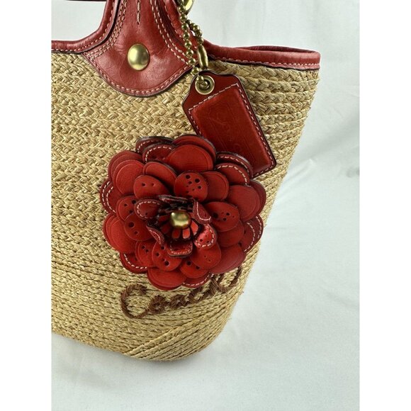 COACH Bleecker NATURAL STRAW VERMILLION RED LG LEATHER FLORAL Tote Bag 2008 EUC - Picture 4 of 12